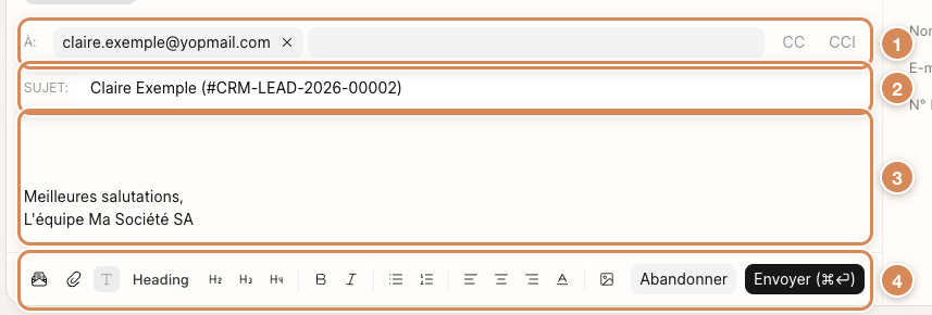 L'éditeur d'e-mail d'une fiche, avec ses quatre zones numérotées