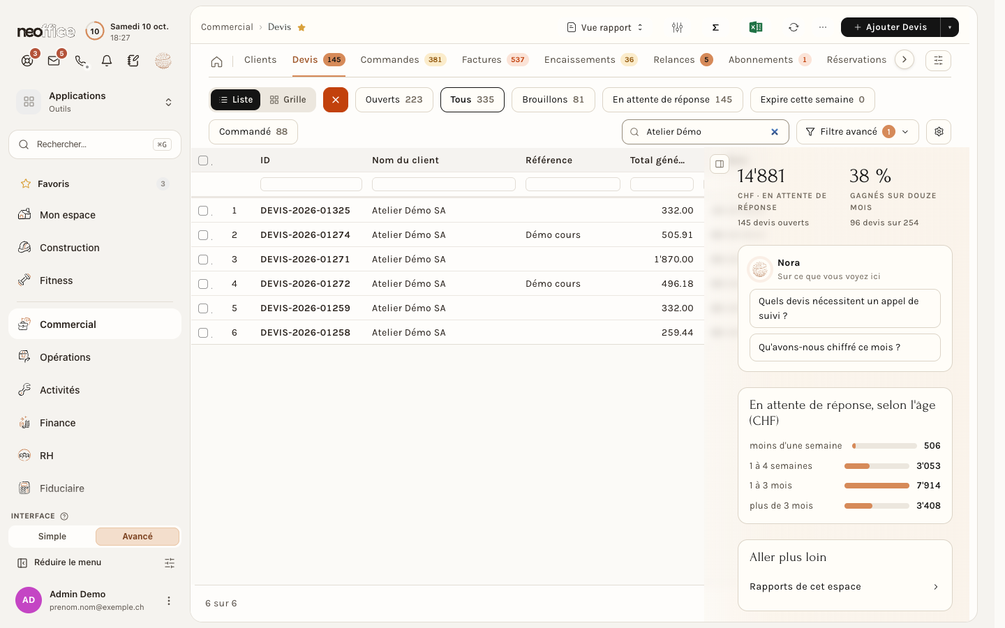 La liste des devis, ici filtrée sur le client de démonstration