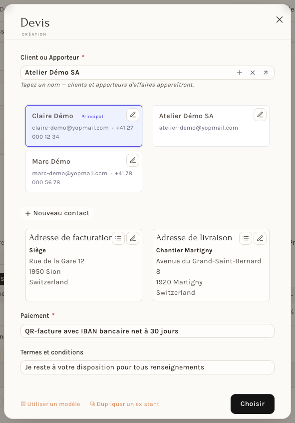 La fenêtre de création, une fois le client choisi