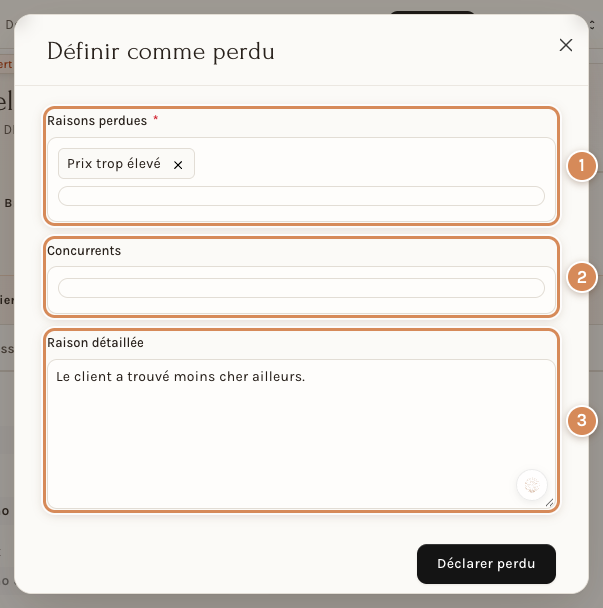 La fenêtre Définir comme perdu : les raisons, les concurrents et le détail