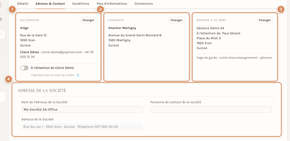 L'onglet Adresse & Contact d'un devis : facturation, livraison, envoi à un tiers et adresse de la société