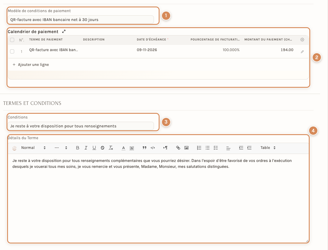L'onglet Conditions d'un devis en brouillon : modèle de paiement, calendrier, conditions et détails du texte