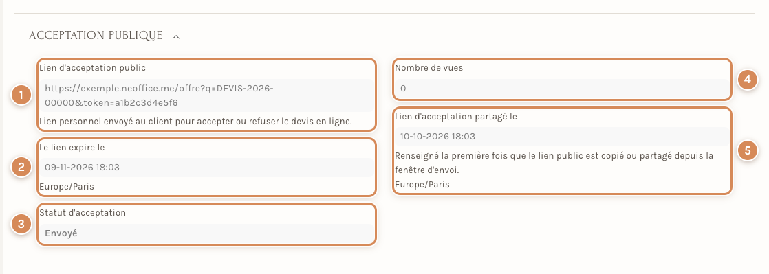 La section Acceptation publique, juste après la copie du lien : le lien, son expiration et l'état Envoyé