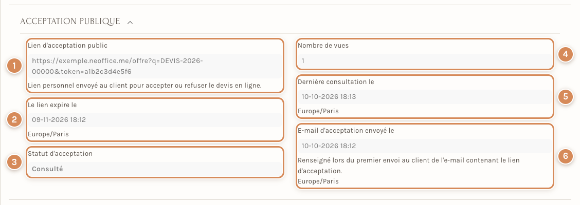 La section Acceptation publique après la consultation du client et l'envoi de l'e-mail