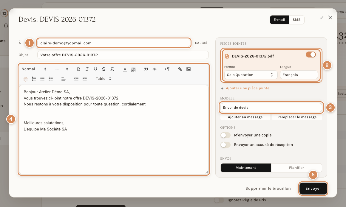 La fenêtre d'e-mail d'un devis