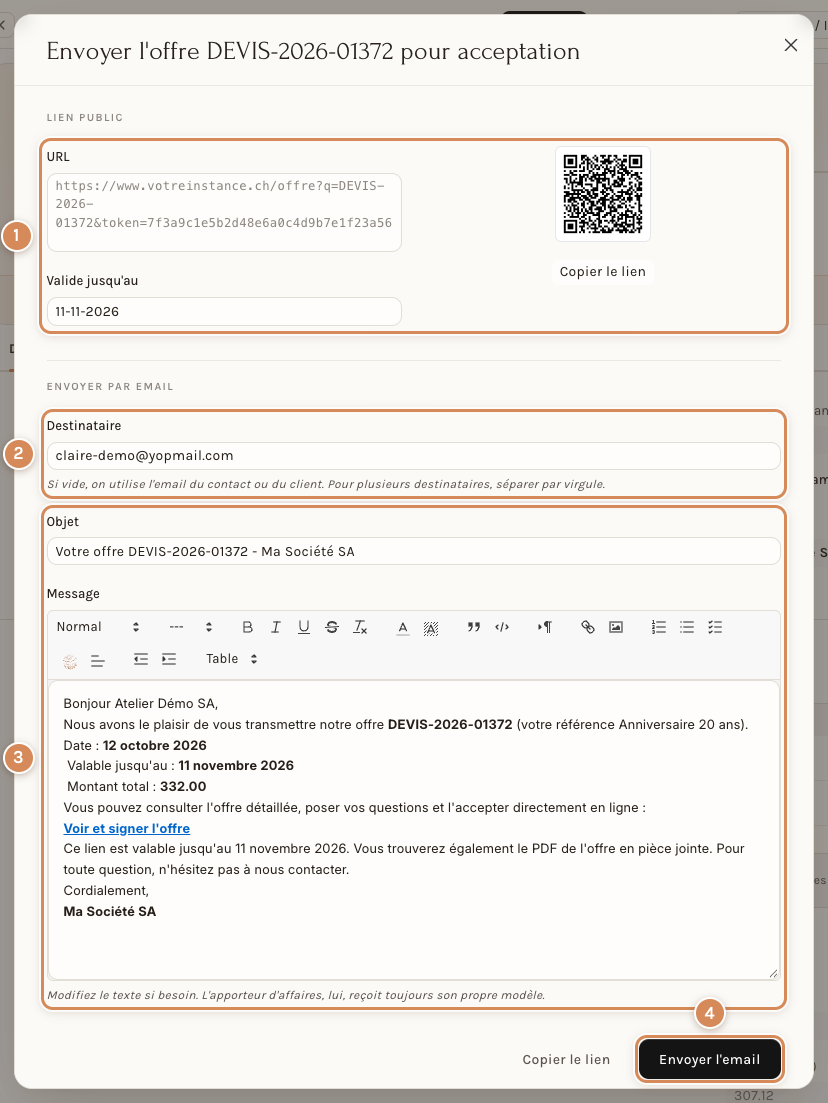 La fenêtre d'envoi pour acceptation (le lien et son code QR sont remplacés par un exemple sur cette image)