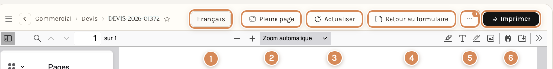 La barre de la page d'impression d'un devis (le document n'est pas montré sur cette image)