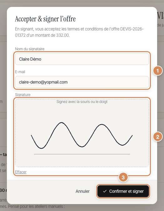 La fenêtre « Accepter & signer l'offre »