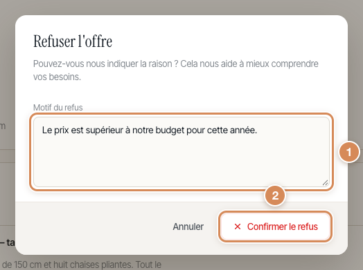 La fenêtre « Refuser l'offre »