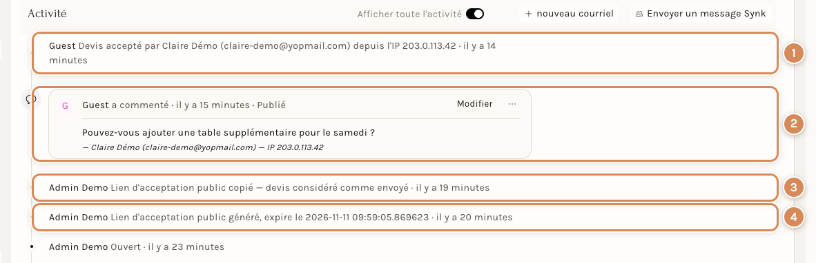 L'activité du devis après l'acceptation