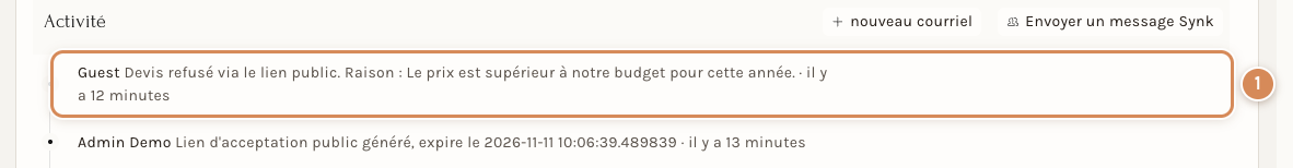 L'activité du devis après un refus