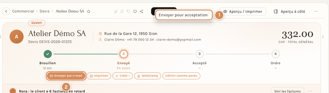 Un devis validé : l'étape Envoyé est en cours et le menu Acceptation est ouvert