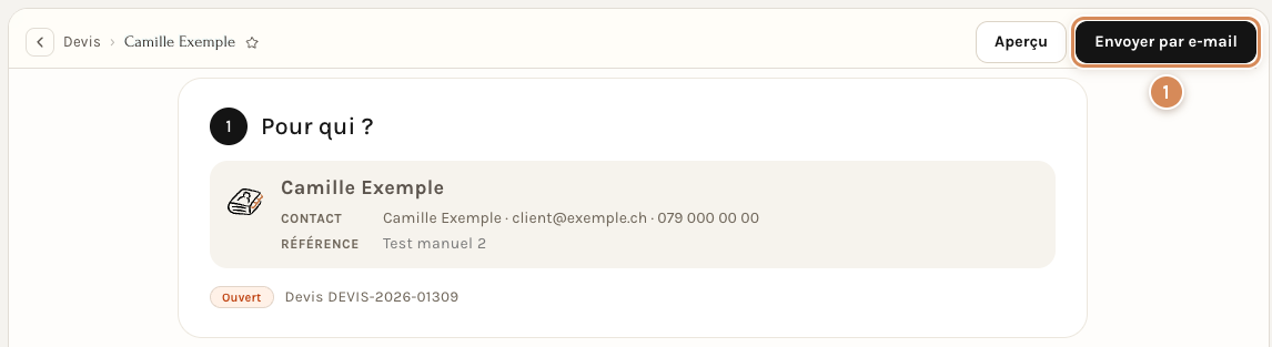 L'en-tête d'un devis validé en interface Simple