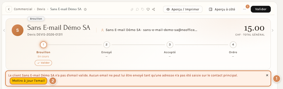 Le bandeau orange d'un client sans e-mail