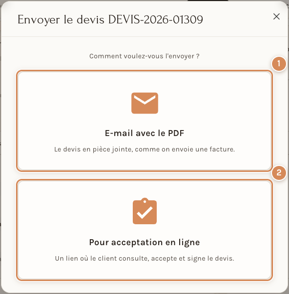 La fenêtre « Envoyer le devis » : deux façons de l'envoyer