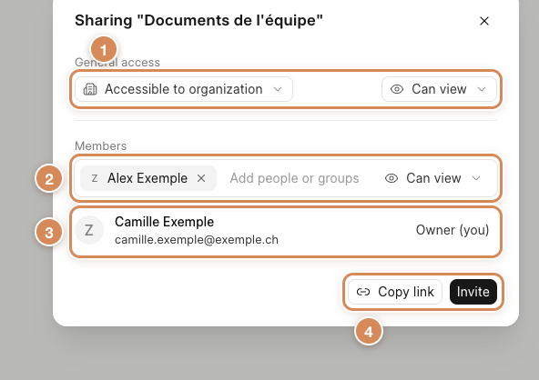 La fenêtre de partage d'un dossier : l'accès général, une personne choisie, le propriétaire et les boutons Copy link et Invite