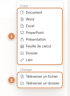 Le menu Créer de Drive : les éléments à créer et le groupe Charger