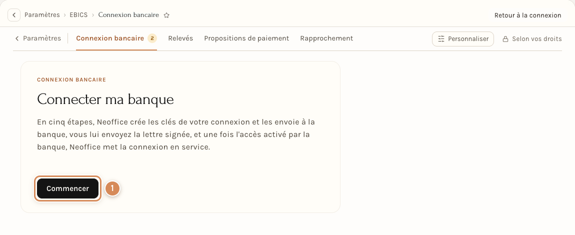L'écran d'accueil de l'assistant Connecter ma banque, avec le bouton Commencer
