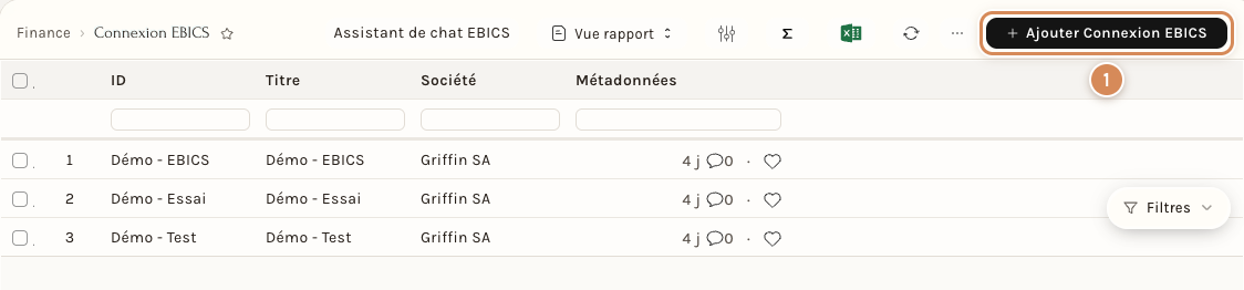 La liste des connexions EBICS : une ligne par connexion, avec son identifiant, son titre et sa société (les noms de l'exemple sont fictifs)