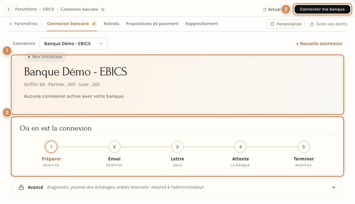 La page Connexion bancaire d'une connexion Non initialisée : la carte, le bouton Connecter ma banque en haut à droite et le bloc « Où en est la connexion »