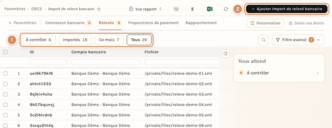 L'onglet Relevés de l'espace Paramètres › EBICS : les vues À contrôler, Importés, Ce mois et Tous