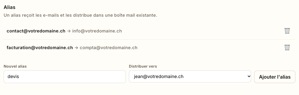 Un alias devis, distribué vers la boîte de Jean