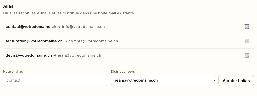 Le nouvel alias dans la liste