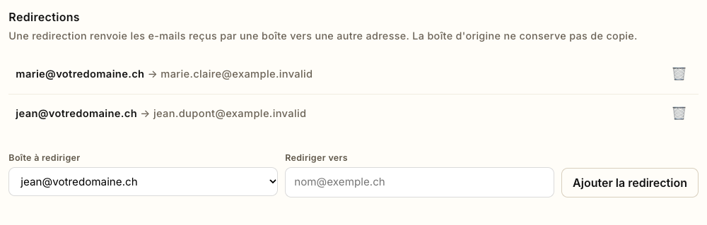 La liste des redirections après l'ajout