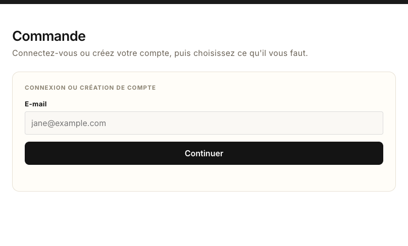 La page Commande : on commence par l'adresse e-mail