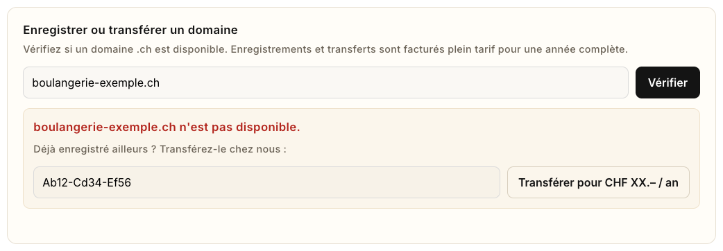 Un nom déjà enregistré : l'écran propose un transfert, avec le code d'autorisation