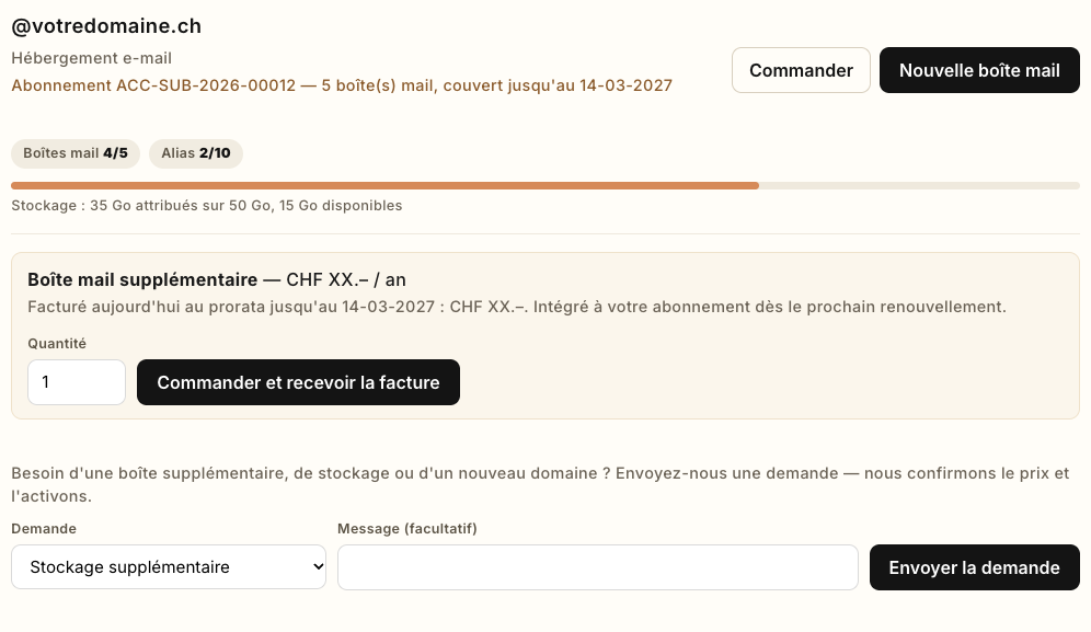 Le panneau Commander, avec la commande directe d'une boîte et, dessous, le formulaire de demande