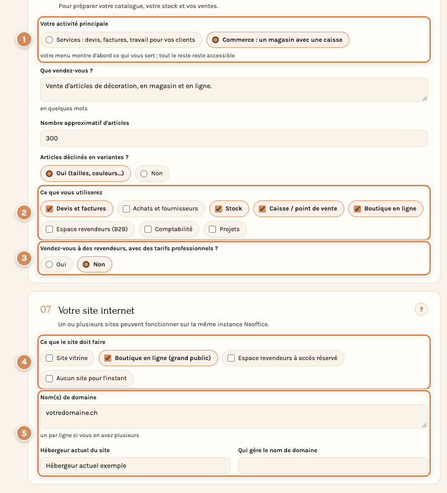Votre activité et Votre site internet : activité principale, modules, revendeurs, ce que le site doit faire, noms de domaine
