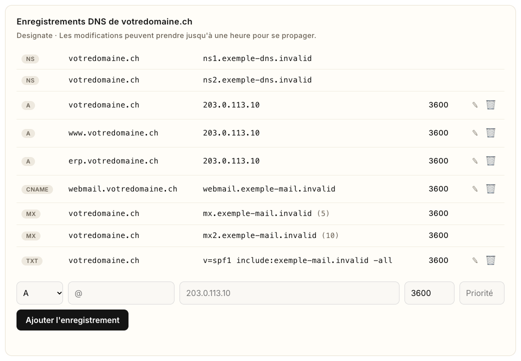 La carte Enregistrements DNS d'un domaine de démonstration
