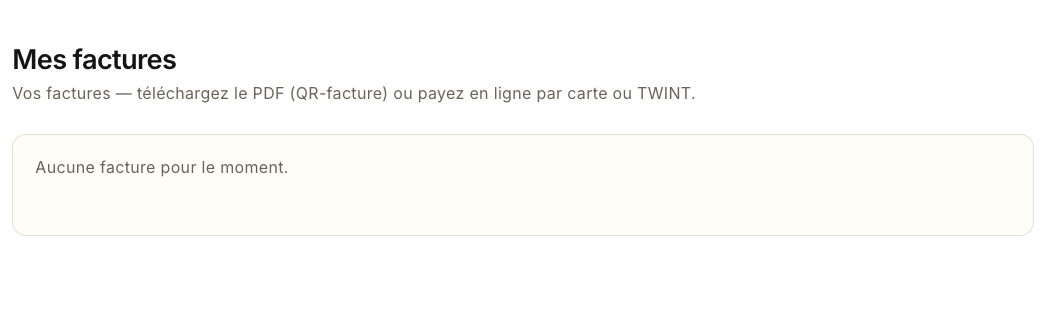 La page Mes factures sans facture : « Aucune facture pour le moment. »