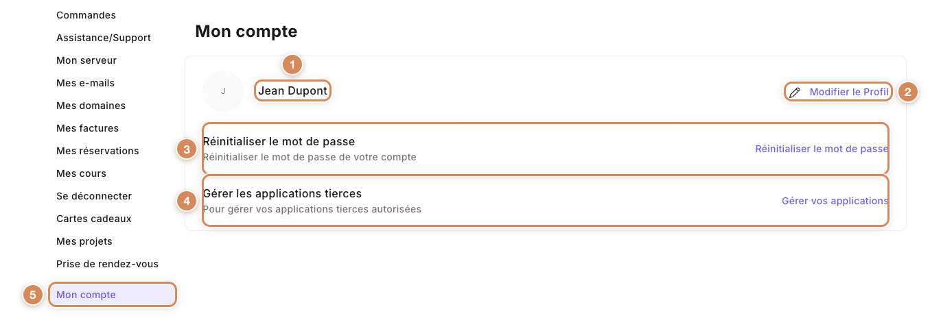 La page Mon compte : votre nom, le profil, le mot de passe et les applications tierces