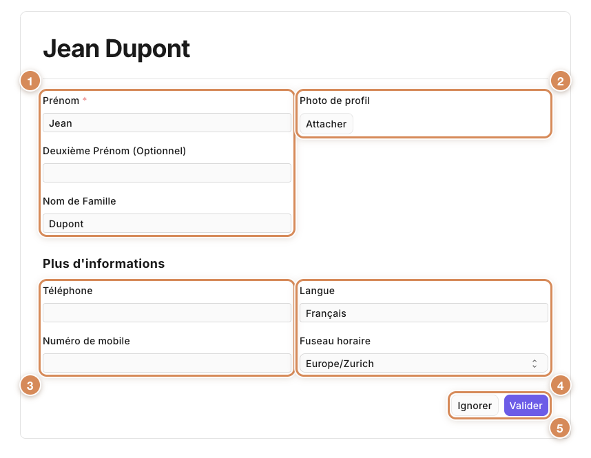 Le formulaire du profil : prénom, nom, photo, téléphone, langue et fuseau horaire