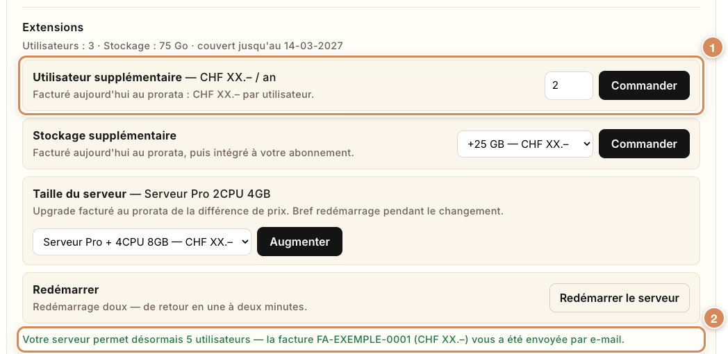 Après une commande de deux utilisateurs : le message de confirmation sous les offres