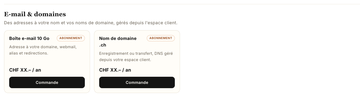 La section E-mail & domaines de la page Nos offres (les montants sont masqués sur cette capture)