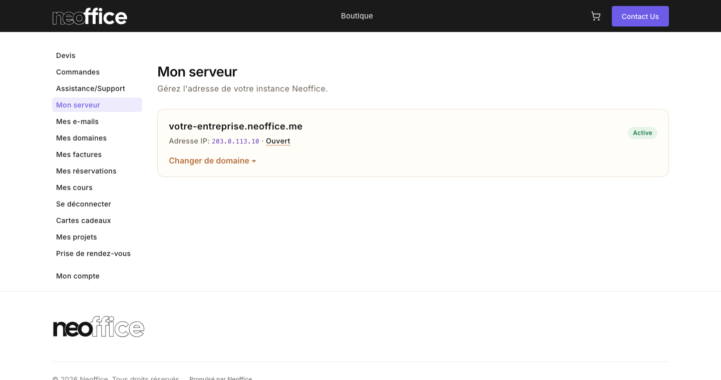 La page Mon serveur : le menu de gauche liste les pages de l'espace client