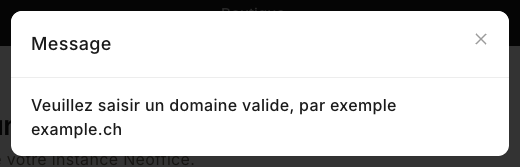 La fenêtre Message quand le domaine saisi n'est pas valide