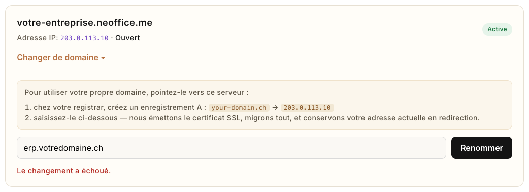 Le changement a échoué