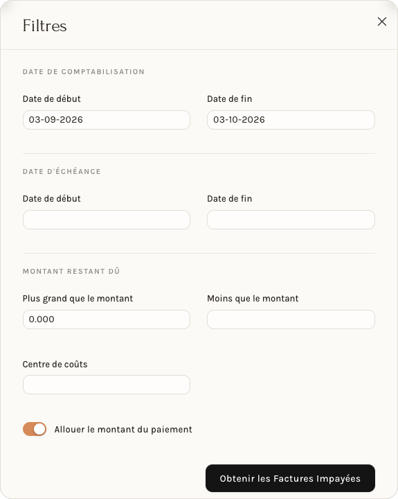 La fenêtre Filtres de Obtenir les Factures Impayées