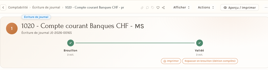 Une écriture validée : la frise Brouillon, Validé et les boutons Imprimer et Repasser en brouillon