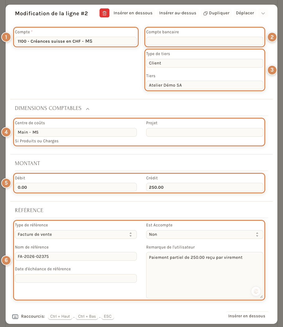 La ligne d'un client dans une écriture de journal : compte, tiers, dimensions, montant et référence