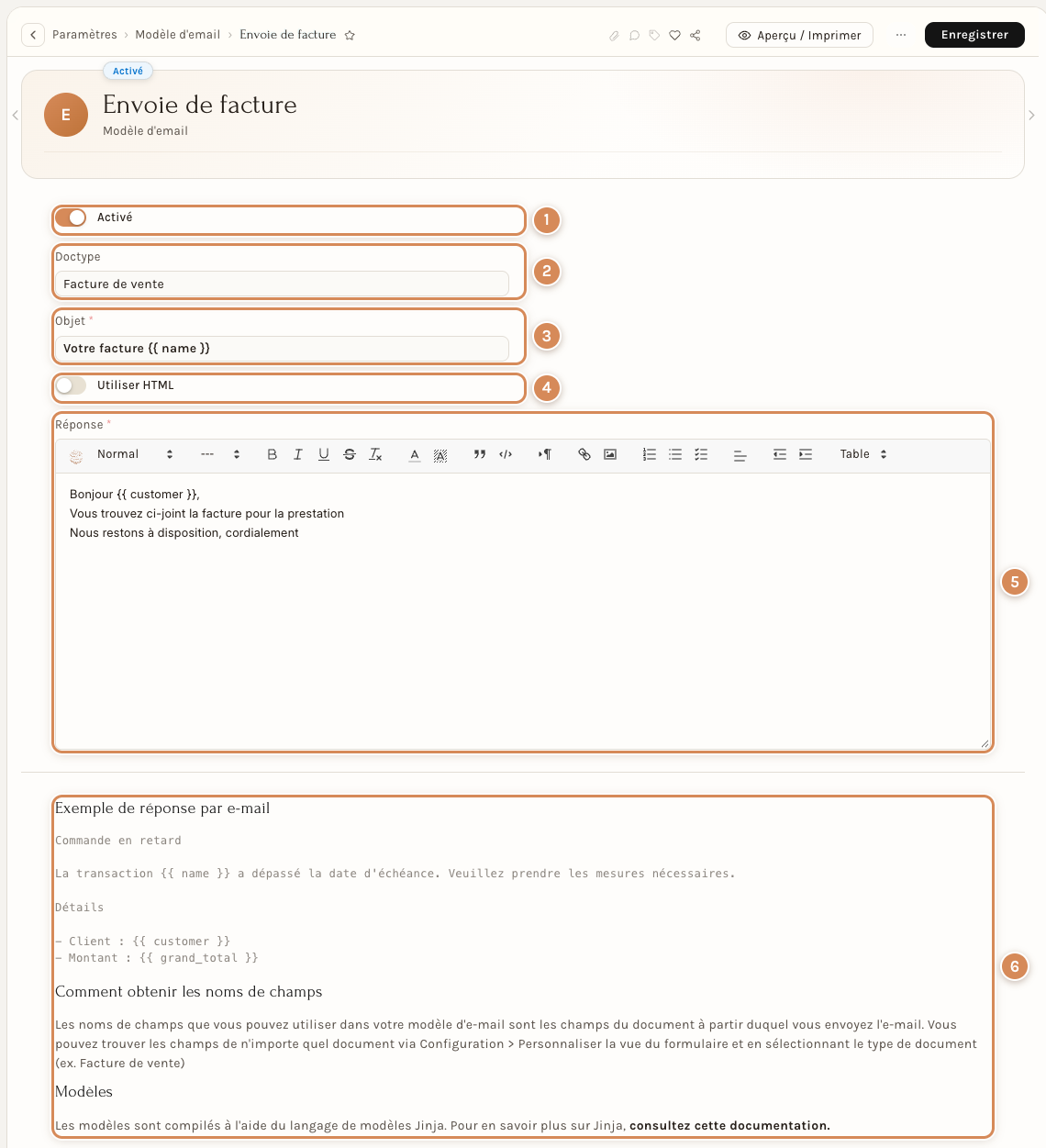 La fiche du modèle « Envoie de facture » : l'objet, le message et ses variables