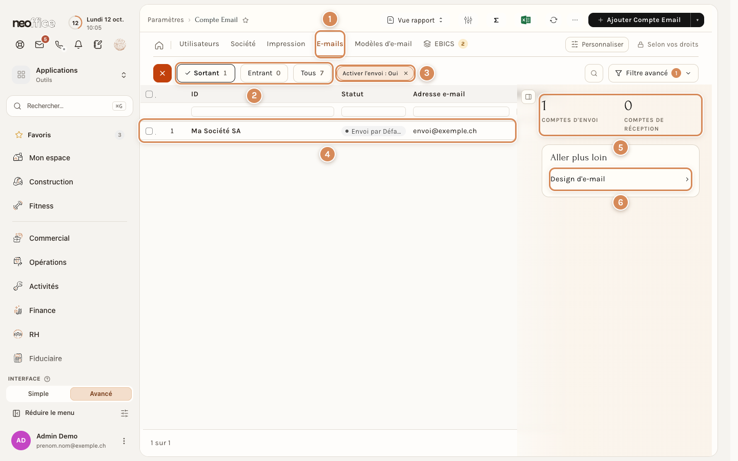 L'onglet E-mails : un compte d'envoi par défaut (le nom et l'adresse de la capture sont des exemples)