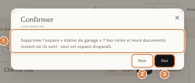 La confirmation de suppression d'un espace