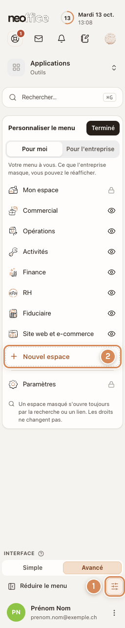 Le panneau Personnaliser le menu, avec la ligne Nouvel espace
