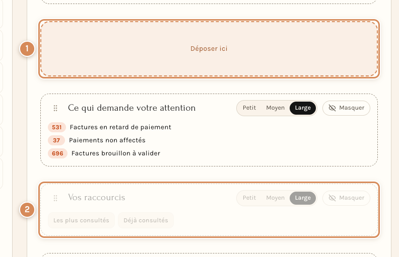 Un widget en train d'être déplacé : l'emplacement « Déposer ici »