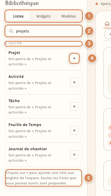 L'onglet Listes de la bibliothèque, avec une recherche